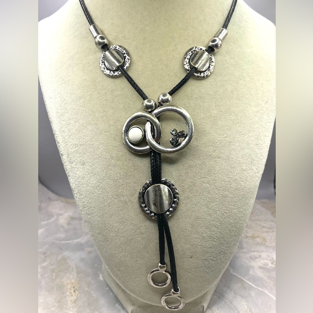 Boho Black Cord Necklace with Weathered Silver Rings, Beads, & Crystals. 16 inch